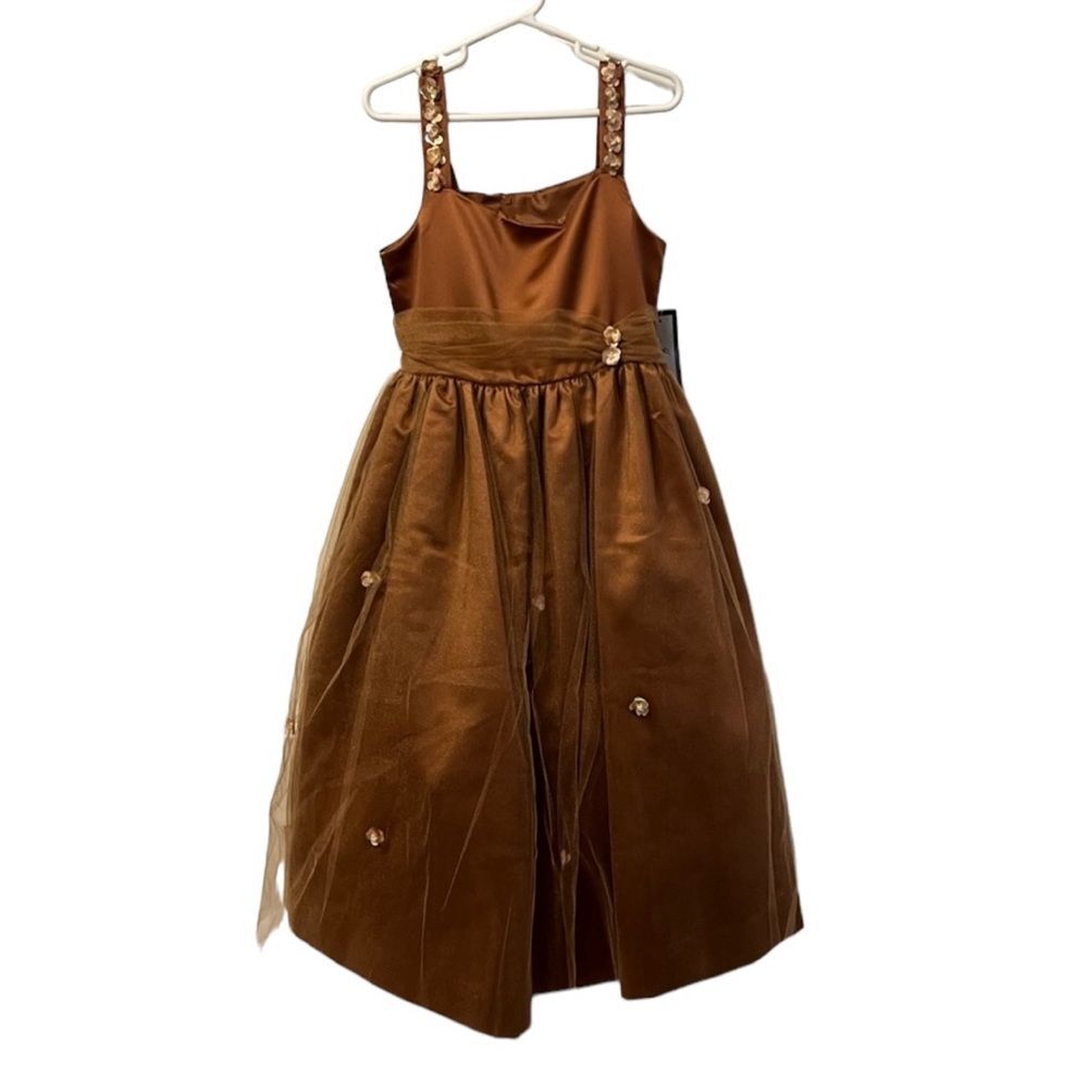 Jayne Copeland Girls Party Dress Size 8 Copper Satin Tulle Flower Girl Holiday